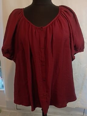 Ava & Viv Burgundy Button-Front Puff Sleeve Blouse, NWOT,  XXL